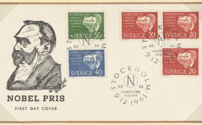 cachet of stamps depicting Alfred Nobel and winners