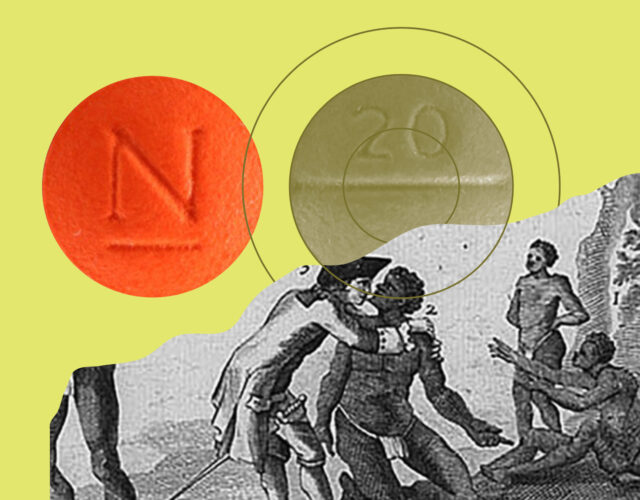 Collage illustration showing pills and historical image of Europeans enslaving Africans.