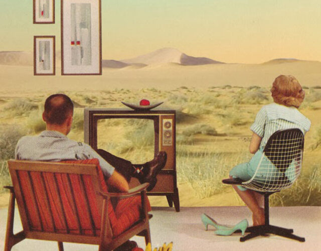 Vintage illustration of a man sitting in chair watching a 1950s TV. He has a bucket of beers next to him. A woman is closer to the TV in another chair. Her shoes are off. They are both staring at the image of the TV which appears to be a picture that takes up the whole wall.