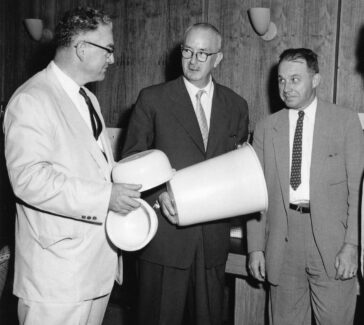 Karl Ziegler (center) with members of the Hercules group that commercialized high-density polyethylene as Hi-fax.