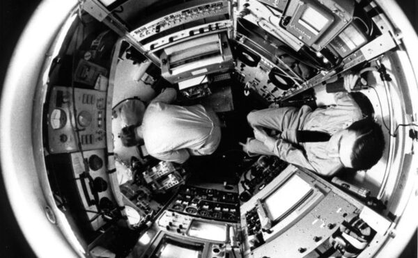 Don Walsh and Jacques Piccard inside a deep sea exploration vehicle.
